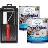 Das plid Treppenlack - Lackierset enthält einen Farbroller mit Ablage und zwei Dosen farblosen, dauerhaften Treppenlack auf Wasserbasis für Holztreppen. Made in Germany; auf der Verpackung ist eine Treppe abgebildet.