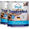 Abgebildet sind zwei Dosen plid Treppenlack - strapazierfähig & schnell trocknend. Etiketten zeigen Holztreppen, deutscher Text, Öko-Etiketten, 9m² Reichweite pro 750ml-Dose. Ideal für den dauerhaften Schutz von Holztreppen. Hergestellt in Deutschland.
