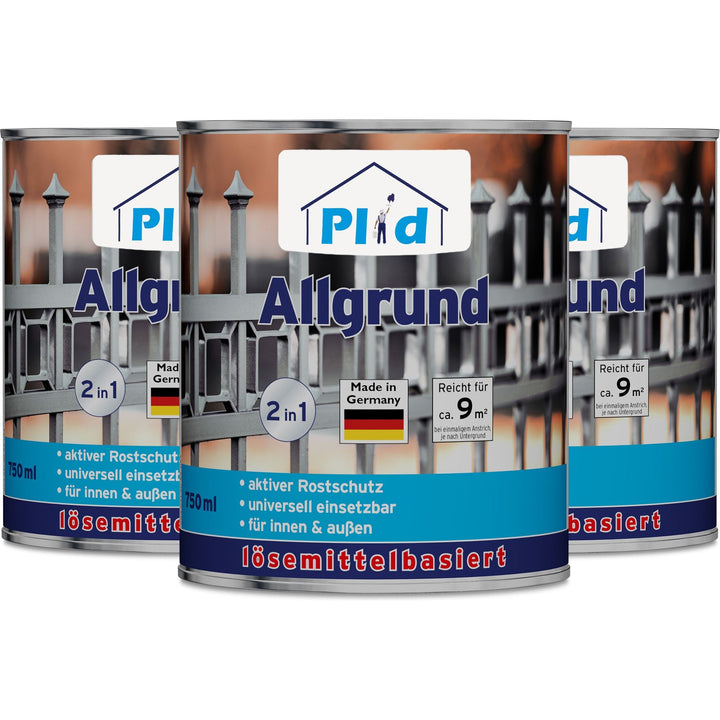 Drei Dosen plid Allgrund - Universal-Haftgrund für Metall, Holz &amp; Kunststoff sind ausgestellt, jede mit einem Metallzaunbild, einer Korrosionsschutzinformation auf Deutsch und einem "Made in Germany"-Etikett.