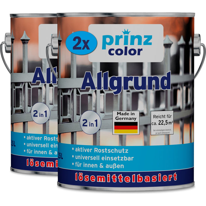 Zwei Metalldosen plid Plid Allgrund - Universal-Haftgrund für Metall, Holz &amp; Kunststoff, mit der Bezeichnung 2 in 1 und Made in Germany, bieten universellen Einsatz und zuverlässigen Korrosionsschutz für mehrere Oberflächen.