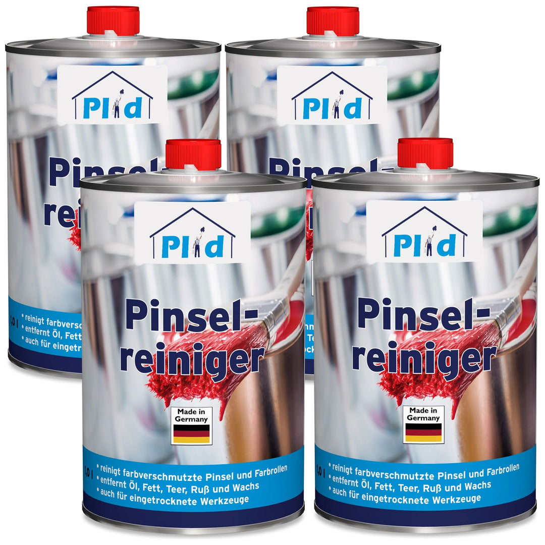 Abgebildet sind vier Metalldosen plid Plid Pinselreiniger mit roten Deckeln. Dieser in Deutschland hergestellte Reiniger von plid entfernt effektiv Farb- und Lackreste - ideal für die Reinigung von Pinseln und Malwerkzeugen.