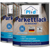 Zwei Dosen plid Treppen & Parkettlack - schnell trocknend & abriebfest, eine wasserbasierte deutsche Versiegelung für Holzoberflächen. Zeigt ein modernes Wohnzimmer mit Holzböden und detaillierter deutscher Beschriftung.