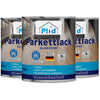 Abgebildet sind drei Dosen plid Plid Treppen & Parkettlack. Der schnell trocknende, abriebfeste Parkettlack ist farblos, ideal zur Versiegelung von Holzoberflächen, made in Germany und deckt bis zu 9 m² pro Dose.