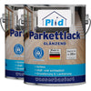 Zwei Dosen plid Plid Treppen & Parkettlack - schnell trocknend & abriebfest, auf Wasserbasis, glänzend, farblos und stoßfest; ideal zur Versiegelung von Holzoberflächen. Made in Germany mit Etiketten, die einen Holzboden und eine Holztreppe zeigen.